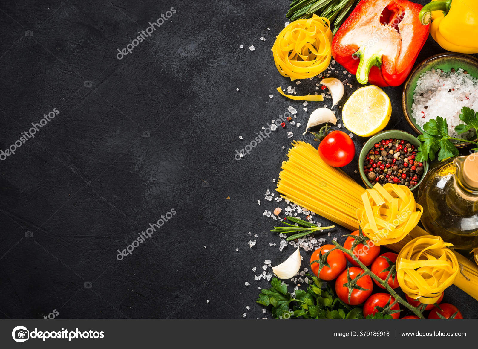 Food cooking background at black table top view. Stock Photo by ©Nadianb  379186918
