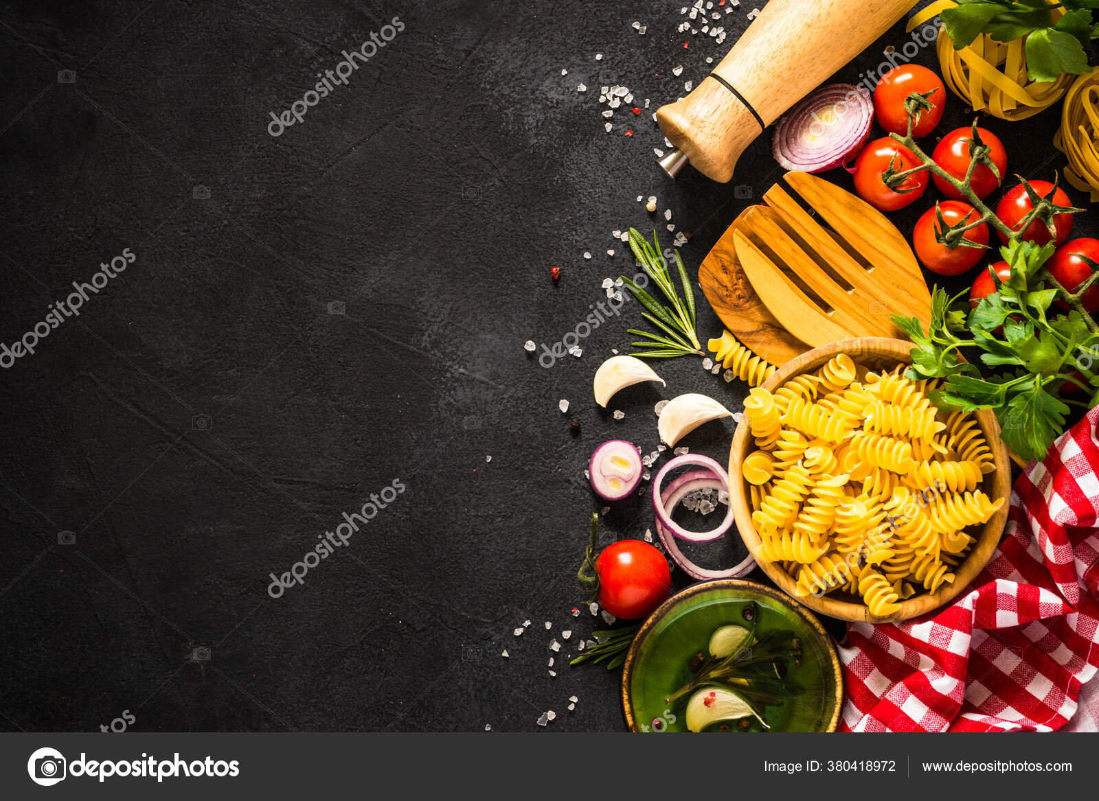 Food cooking background at black table top view. Stock Photo by ©Nadianb  380418972
