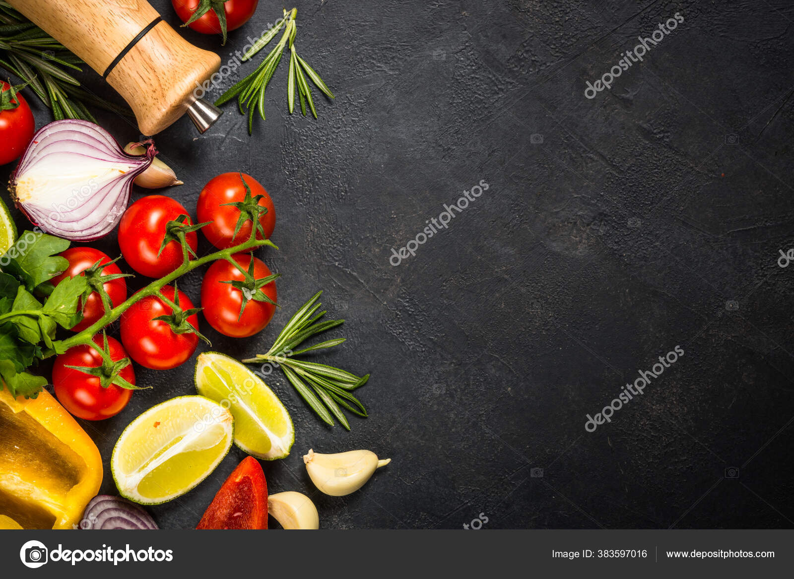 Food cooking background on black kitchen table Stock Photo by Nadianb