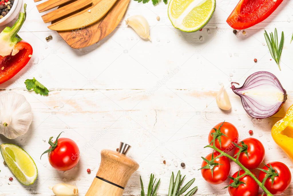 Food cooking background on white wooden table.