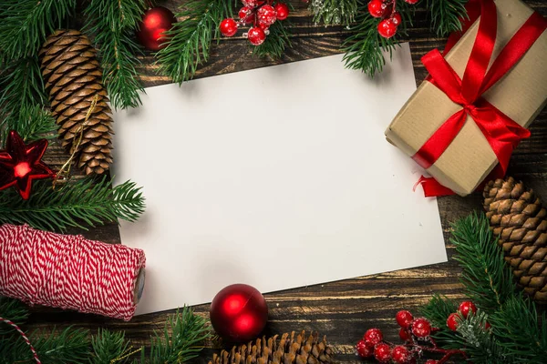 Christmas flat lay background with present and decorations. Stock Picture