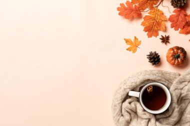 Sonbahar arkaplanı. Sıcak çay, örgü eşarp ve arka planda düşmüş yapraklar. Kopyalama alanı olan üst görünüm.