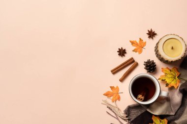 Bir kupa sıcak çay, örgü eşarp ve arka planda düşmüş yapraklar. Kopyalama alanı olan üst görünüm.