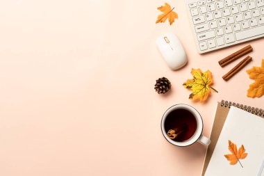 Sonbahar çalışma alanı düz arka planda yatıyordu. Laptop, defter, bir kupa baharatlı çay ve sarı yapraklı eşarp..