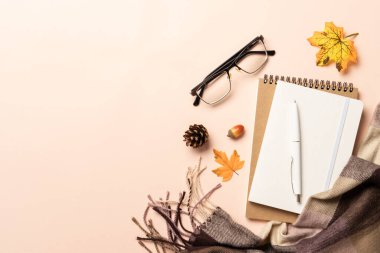 Sonbahar düz arka plan yatıyordu. Not defteri, sarı yapraklı rahat eşarp. Metin için boşluk ile düz uzandı.