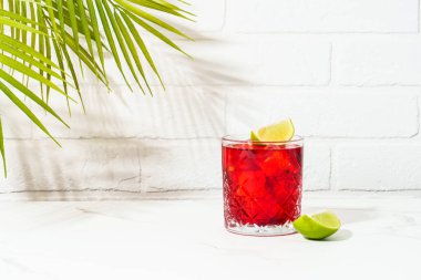 Palmiye yapraklı sert bir alkol kokteyli. Beyaz arka planda viski, nar şurubu, acı, kireç ve buz olan New Yorklu..
