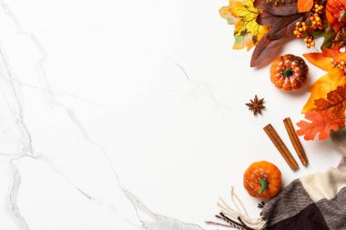 Sonbahar arkaplanı. Sarı yapraklar, balkabakları ve baharatlar. Metin için boşluk ile düz uzandı.