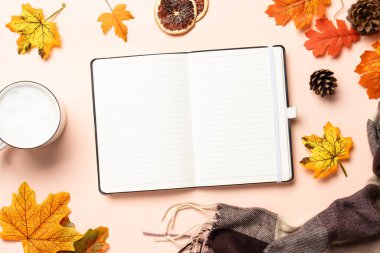 Sonbahar düz arka plan yatıyordu. Not defteri, bir fincan kahve, atkı ve sarı yapraklar..