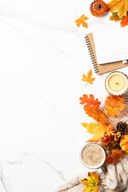 Sonbahar düz arka plan yatıyordu. Kahve, rahat süveter ve sarı yapraklar..