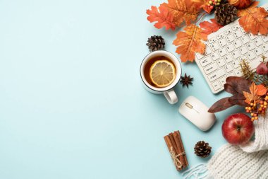 Sonbahar çalışma alanı düz arka planda yatıyordu. Dizüstü bilgisayar, defter, çay kupası, mavi arka planda örülmüş süveter..