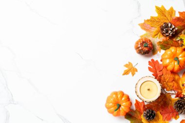 Sonbahar düz arka plan yatıyordu. Beyaz arka planda balkabakları ve düşen yapraklar. Tasarım için boş alan.