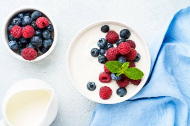 Beyaz kasede taze böğürtlenli yoğurt. Sağlıklı atıştırmalıklar ya da kahvaltı. Diyet yemek..