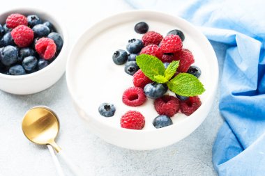 Beyaz kasede taze böğürtlenli yoğurt. Sağlıklı atıştırmalıklar ya da kahvaltı. Diyet yemek..