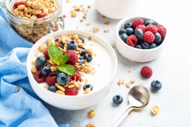 Beyaz masada taze böğürtlenli yoğurt ve tahıl gevreği. Sağlıklı atıştırmalıklar ya da kahvaltı. Diyet yemek..