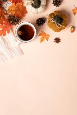 Samimi bir sonbahar manzarası vardı. Sıcak çay, örgü eşarp ve arka planda düşmüş yapraklar. Dikey.