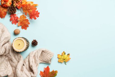 Şükran Günü geçmişi. Örgü süveter, dökülen yapraklar ve mavi arka planda el yapımı mum..