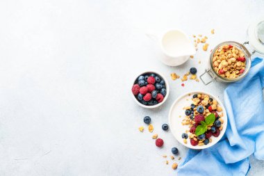 Beyaz masada taze böğürtlenli yoğurt ve tahıl gevreği. Sağlıklı atıştırmalıklar ya da kahvaltı. Beyaz arkaplanda kopyalama alanı olan üst görünüm.