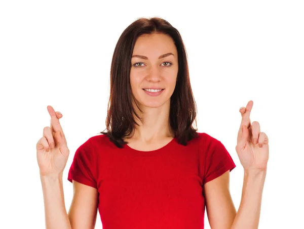 Woman crossing fingers — Stock Photo, Image