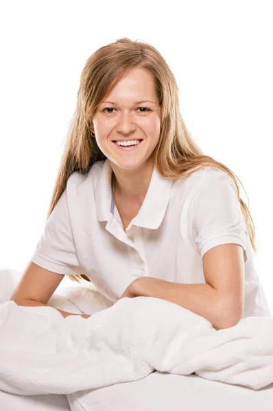 Radost v posteli. portrét ženy — Stock fotografie