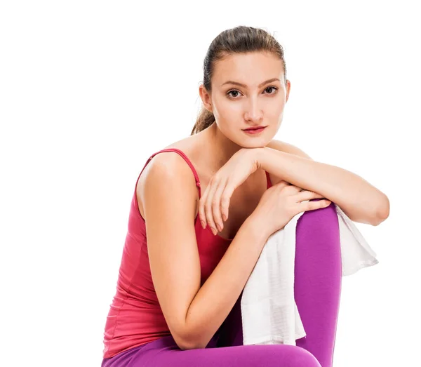 Fitness Femme Portrait Isolé Sur Fond Blanc Après Entraînement Avec — Photo