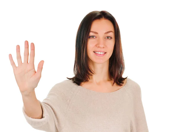 Šťastná usmívající se žena ukazuje pět prstů — Stock fotografie