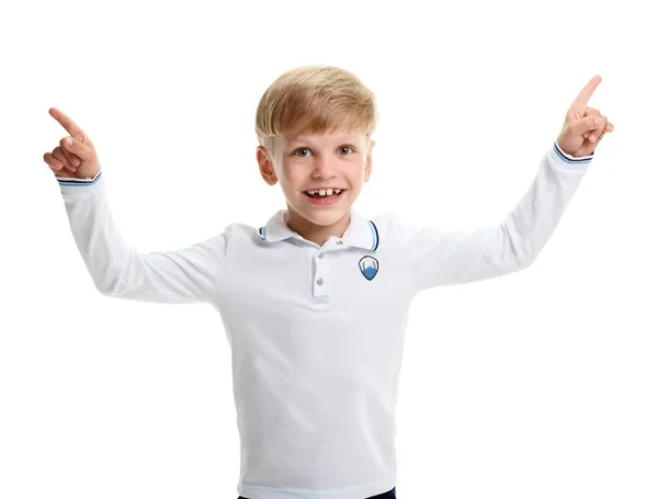 Smiling boy pointing two hands up — Stock Photo, Image