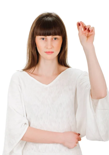 穿越手指祝福 洗礼年轻很幸福的女人的肖像 白色背景上的孤立 积极的情绪面部表情感情 — 图库照片