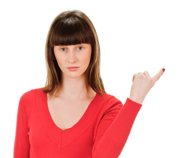 Young lady pointing finger — Stock Photo, Image