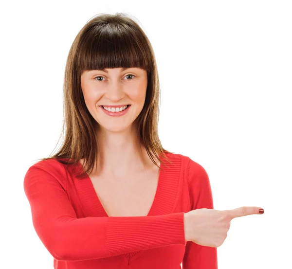 Pretty girl pointing finger — Stock Photo, Image