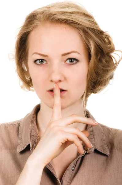 Woman shows sign of silence. portrait — Stock Photo, Image