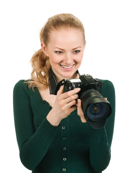 Belleza mujer fotógrafo revisión buena toma —  Fotos de Stock