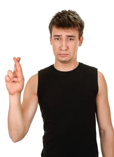 Man crossing fingers, praying, christening — Stock Photo, Image