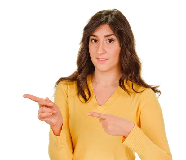 Woman pointing fingers to the side — Stock Photo, Image
