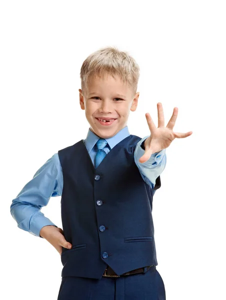 Okul çocuğu gösteren palm — Stok fotoğraf