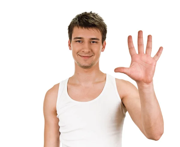 Smiling man showing five fingers — Stock Photo, Image