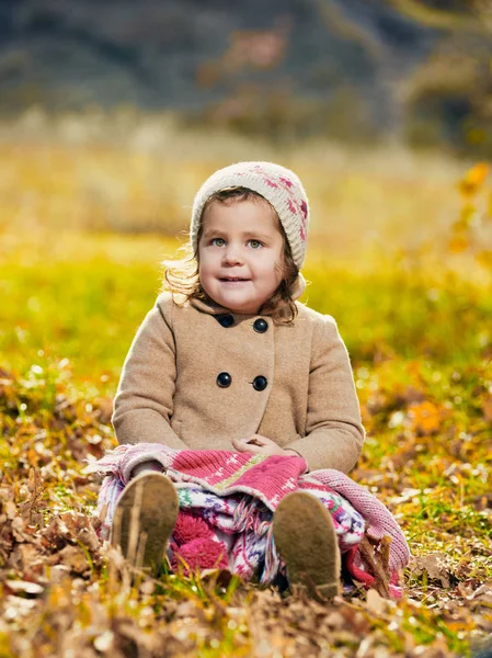 Portrait Cute Little Girl Sitting Grass Autumn Park — Stock Photo, Image
