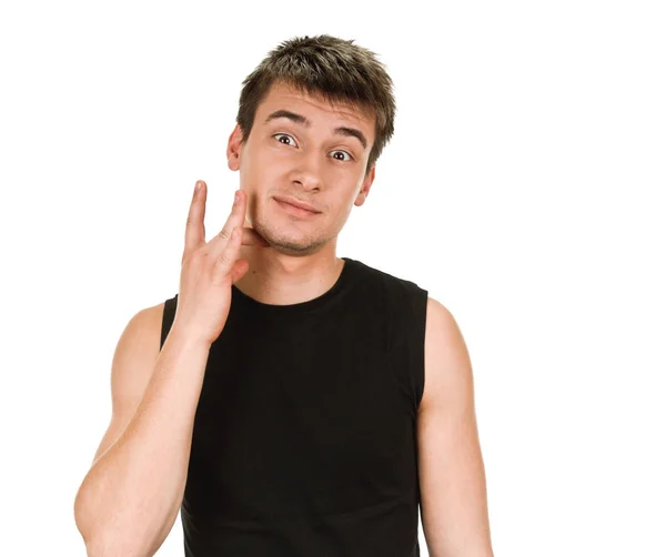 Mladý muž ukazuje prsty na krku. Nápoj — Stock fotografie