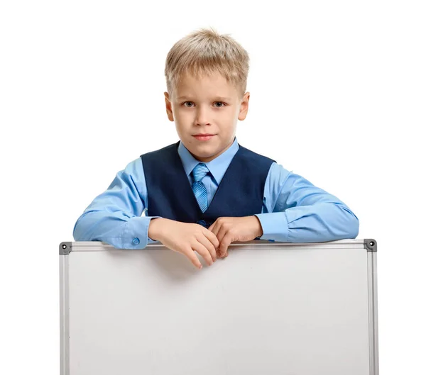 Schoolboy with whiteboard — Stock Photo, Image
