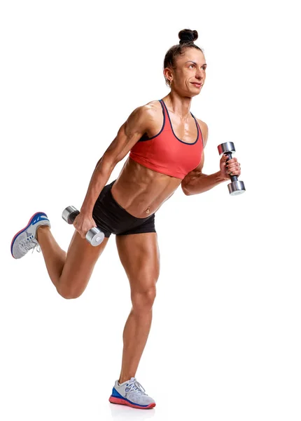 Bodybuilderin Frau mit Hanteln voller Länge — Stockfoto
