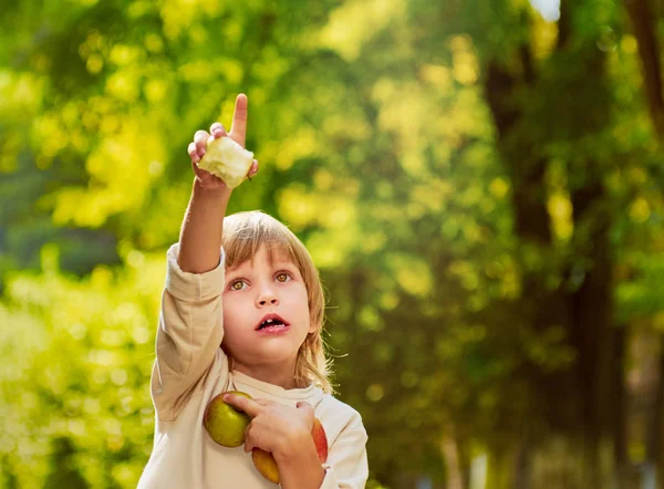 Boy with apples gesturing — Stock Photo, Image