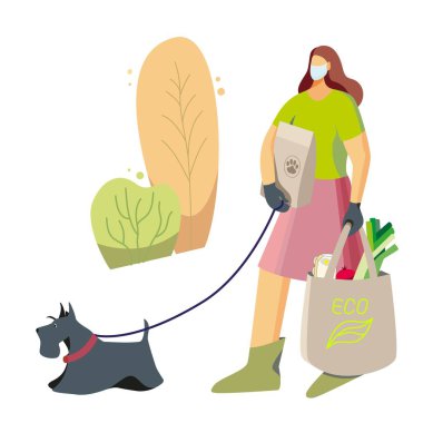 Koruyucu maskeli ve köpeği olan bir kadın sokakta yürüyor ve alışveriş yapıyor. Düz bir şekilde vektör illüstrasyonu..