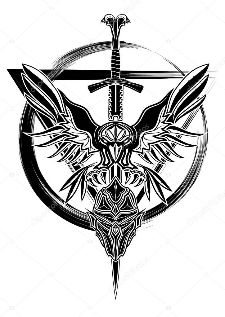The vector image of a raven with wings against the background of a triangle and a circle. Helmet of the knight of the demon and sword. Sacred symbols. Black tribal tattoo. Vector illustration.