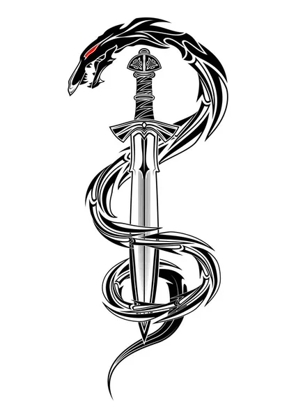 バイキングとドラゴンの素晴らしい剣の図面のベクトル 幻想的な蛇 ヴァイキングの神聖な記号のイメージ 仙骨のシンボル ノルマン文化 ベクトル図 — ストックベクタ