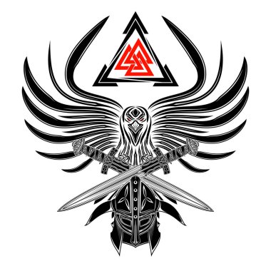 Bir kuzgun açılan kanatları, Viking ve iki kılıç bir kask ile çizim vektör. Vikingler - üç üçgen kutsal iz. Sakral Kelt sembolü. Norman kültür. Trinity. Vektör çizim.