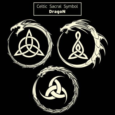 Üç vektör sakral Celtic simge kümesi. Dragon. Sihirli işareti. Kutsal geometri. Vikingler kutsal sembolü. Antik Keltler sakral iz. Simya, din, maneviyat. Vektör çizim.