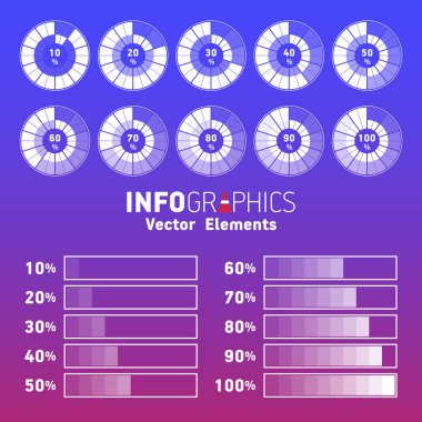 Infographic, 10 20 30 40 50 60 70 80 90 grafiklerde yüzdesi yüzde 100'e mavi ve beyaz ayarlayın. Yuvarlak ve dikdörtgen yüzde zamanlama. Vektör bilgi grafiği.
