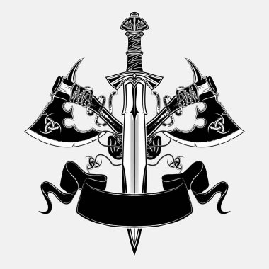 İki savaş baltalar ve Vikingler kutsal sembolünü vektör görüntüsü. Triskele. İskandinav mitler Illustration. Odin'in silah. Zafer, kavga, güç. Kelt sakral sembolü. Vektör çizim.