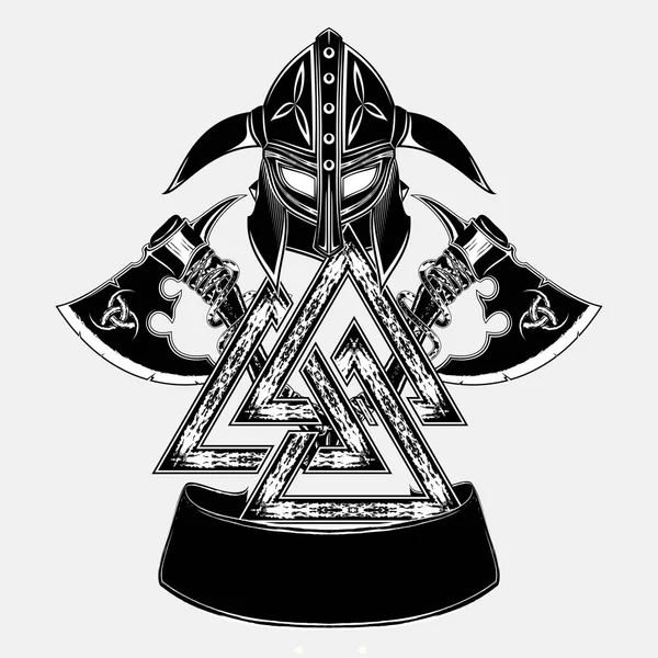 Vektör görüntü iki mücadele eksen ve Viking's kask. Vikingler kutsal sembolü. Triskele. İskandinav mitler Illustration. Odin işareti. Kelt sakral sembolü. Vektör çizim.