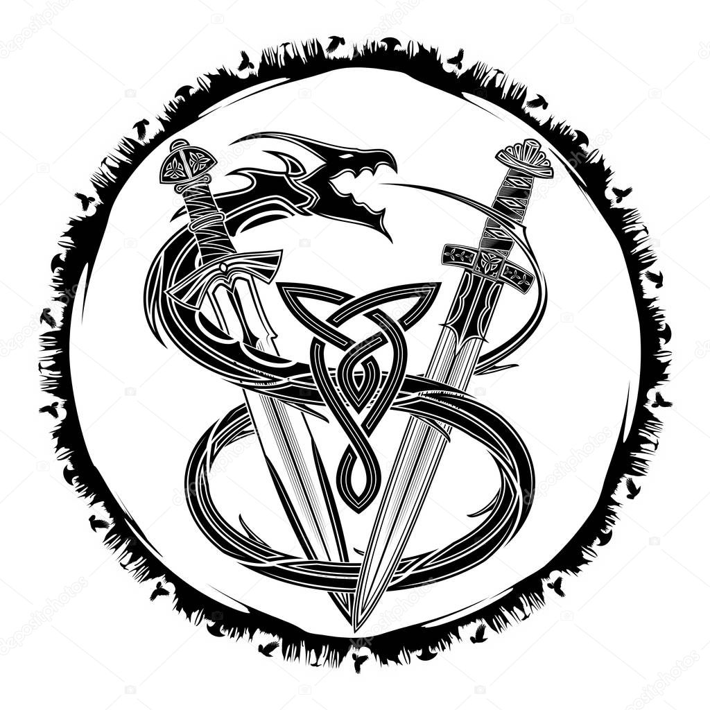 The vector drawing of swords of the Viking and dragon biting a tail. Fantastic snake. Image of a sacred sign of Vikings. Triskel. Celtic sacral symbol. Trinity. Norman culture. Vector illustration.