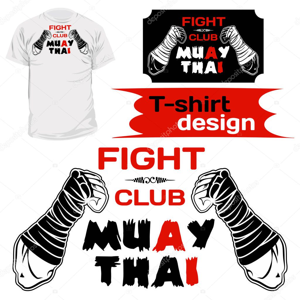 Vector image of hands of the Thai boxer. An inscription: Thai boxing and fight club. Illustrations for t-shirt print, textiles, prints, other uses. Cool grunge print. Vector illustration.
